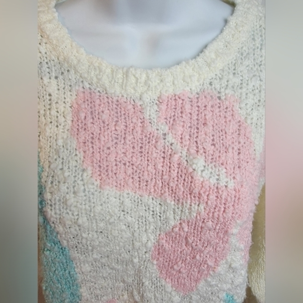 VINTAGE Here's A Hug Acrylic Sweater Cream Pastel Flowers Large - Picture 3 of 16
